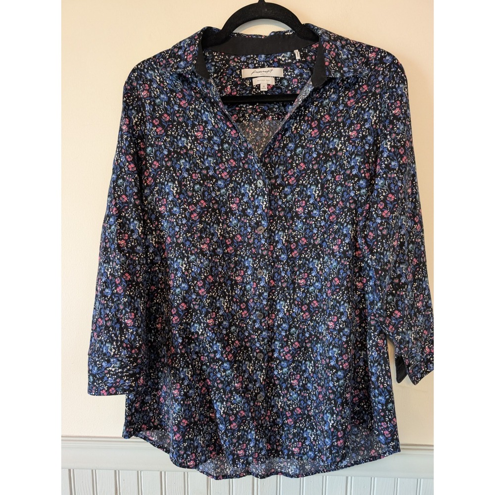 Foxcroft Floral Button Down Shirt Womens 12 Shaped Wrinkle Free Cotton Black